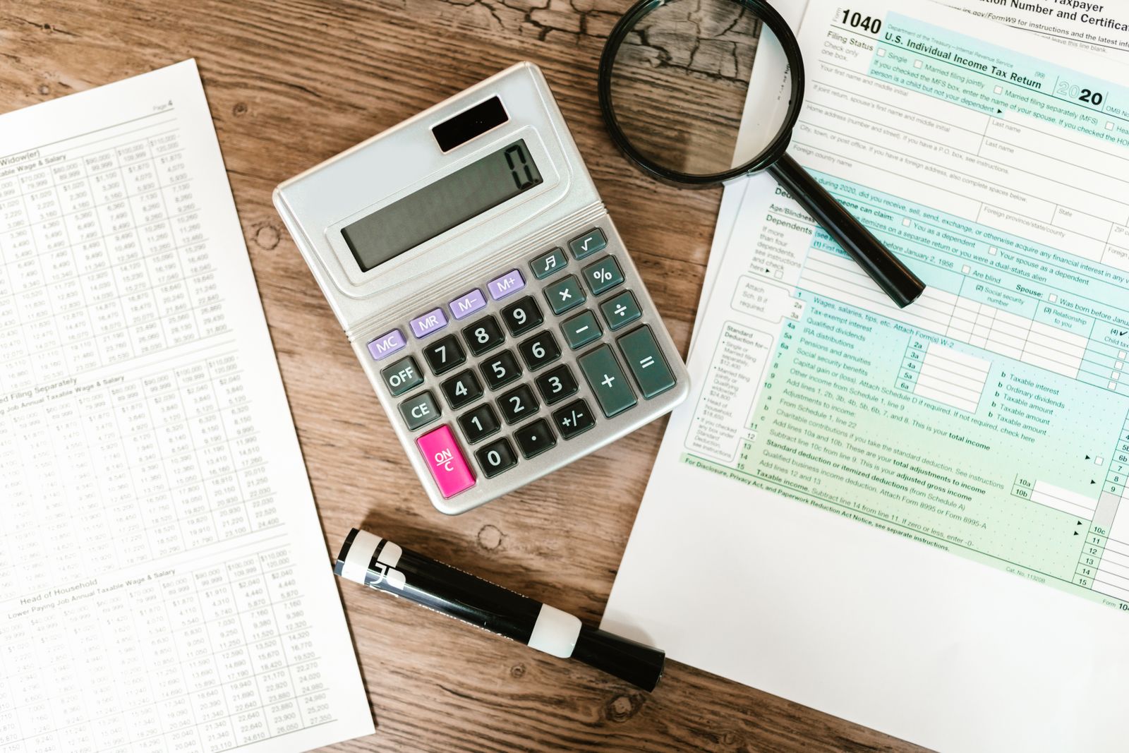 Tax forms and calculator illustrating phantom stock payout tax treatment