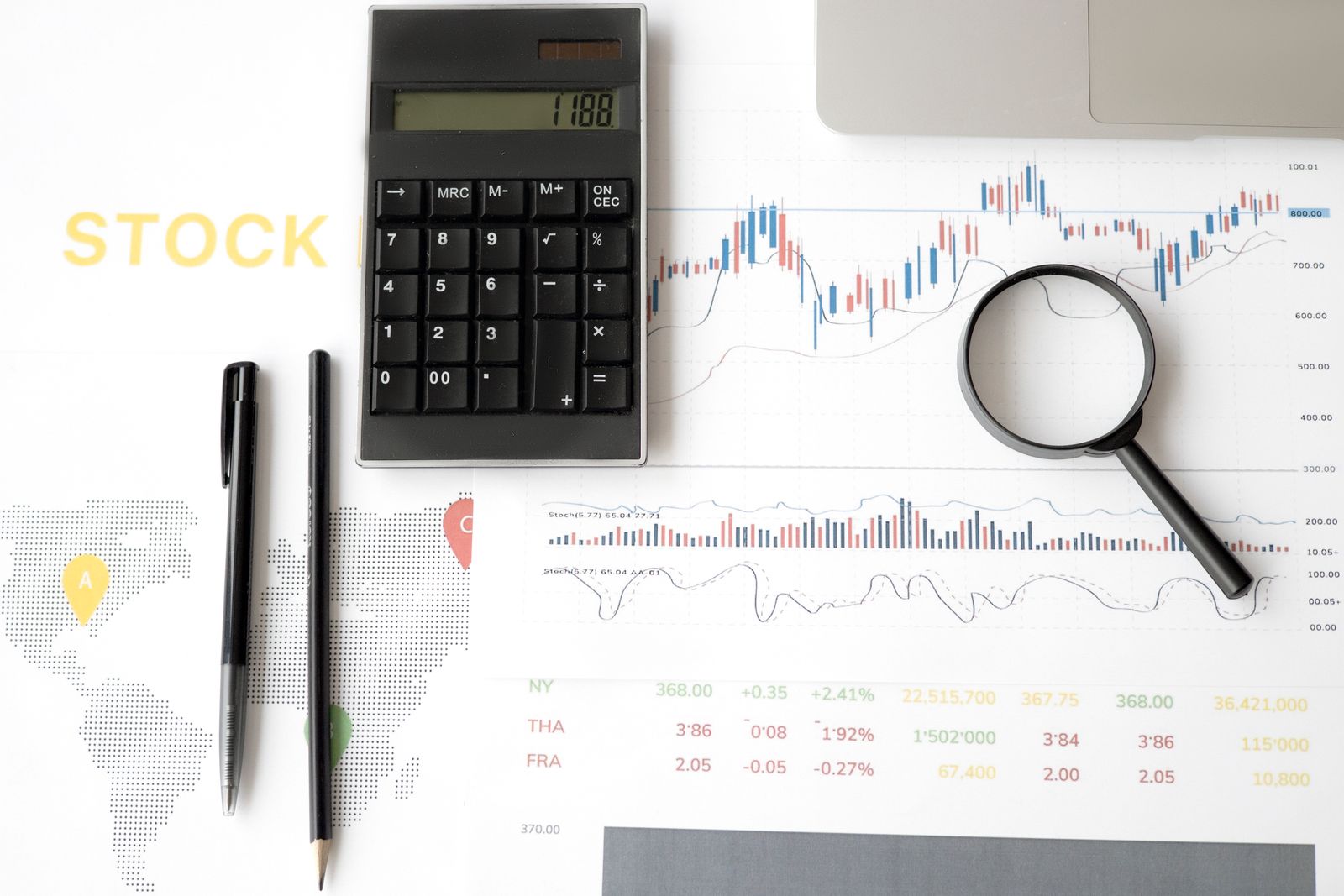 Calculator and financial charts used to set a phantom stock valuation formula